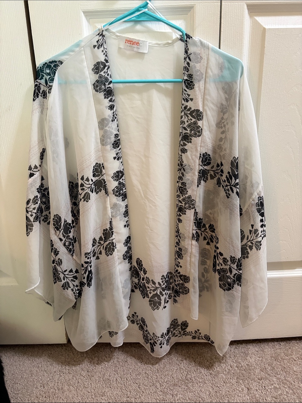 Renee C. Sheer White Kimono with Black Floral Motif never worn